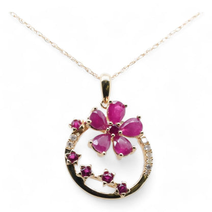 14K Gold Ruby Flower And Accents With Diamond Pendant Necklace