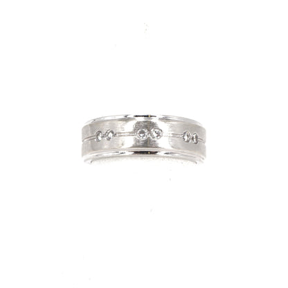 10K White Gold Edged Band With Round Bezel Set Diamonds