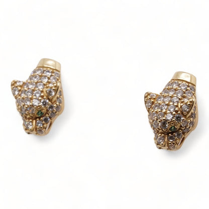 18K Gold Diamond And Emerald Cougar Head Stud Earrings