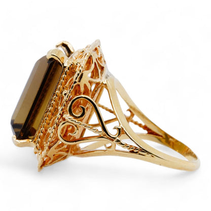 10K Gold Emerald Cut Smoky Topaz Filigree Signet Ring