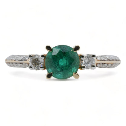 14K Gold Round Emerald Cocktail Ring With Diamond Side Stones