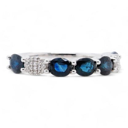 14K White Gold Oval Blue Sapphires With Diamond Cluster Oval Band