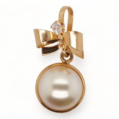 18K Gold Bow Pendant With Faux Pearl And CZ