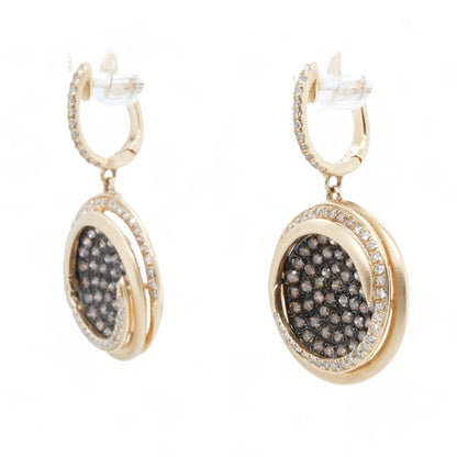 14K Gold Matte Disc Champagne Diamond Dangle Earrings