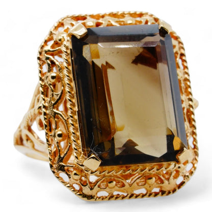 10K Gold Emerald Cut Smoky Topaz Filigree Signet Ring