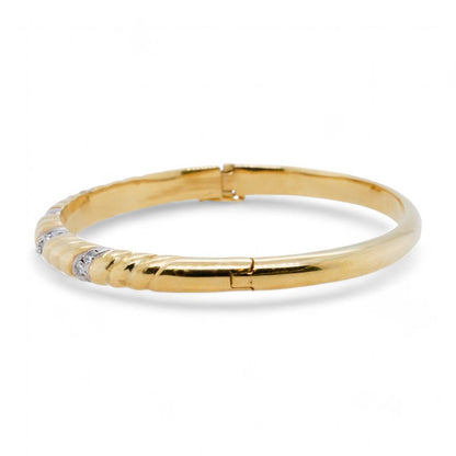 14K Two Tone Gold Hinged Bangle Bracelet With Small Diamond Accents