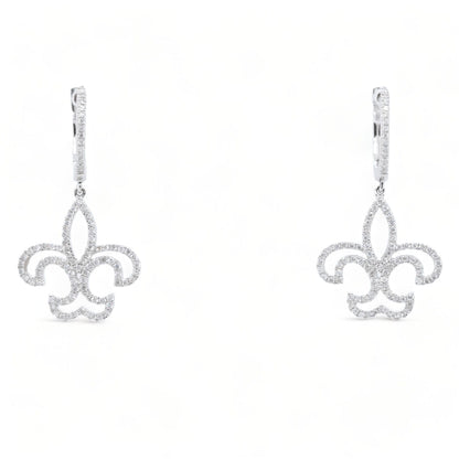 14K White Gold Diamond Fleur De Lis Dangle Earrings