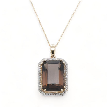 14K Gold Emerald Cut Quartz With Diamond Halo Pendant Necklace