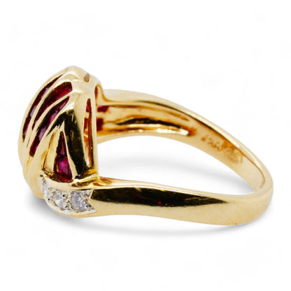 18K Gold Deco Style With French Cut Rubies And Round Diamonds Ring