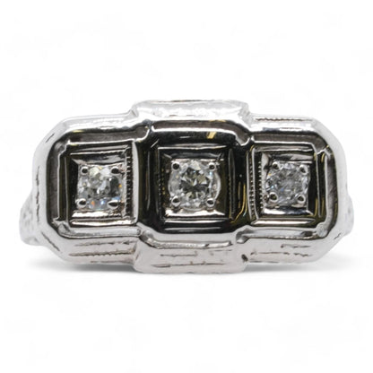 18K White Gold Art Deco Horizonal Three Diamond Band