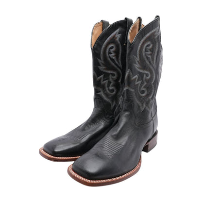 Square Toe Stockman Black Leather Western Boots