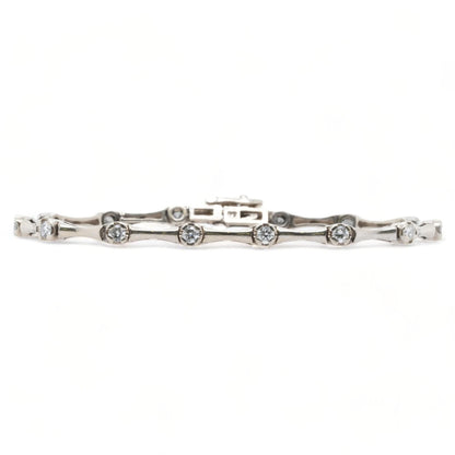 14K White Gold Bamboo Style Link Bracelet With Round Diamonds