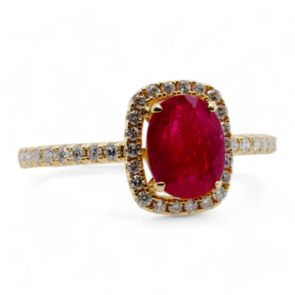 14K Gold Oval Ruby With Diamond Halo And Accents Band