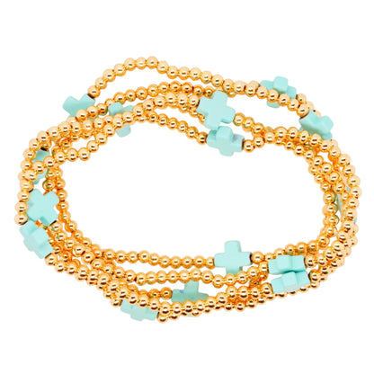 Teal Cross Gold Tone Bead Stack Bracelets