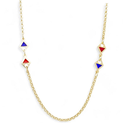 14K Gold Cable Link With Blue And Red Enamel Triangle Stations Necklace