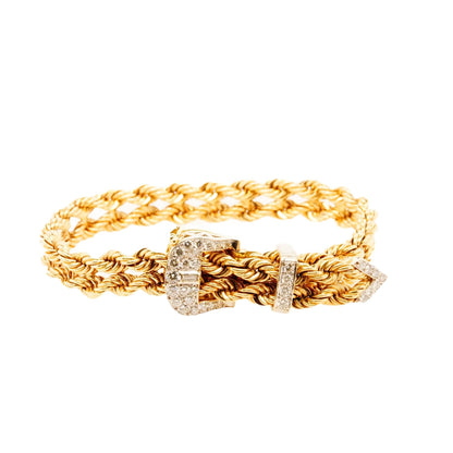 14K Gold Double Rope Link With Diamond Accented Buckle Bracelet