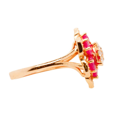 14K Rose Gold Red Stones With Diamonds Flower Cocktail Ring