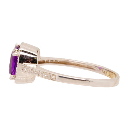 14K White Gold Cushion Shape Amethyst With Diamond Halo Ring