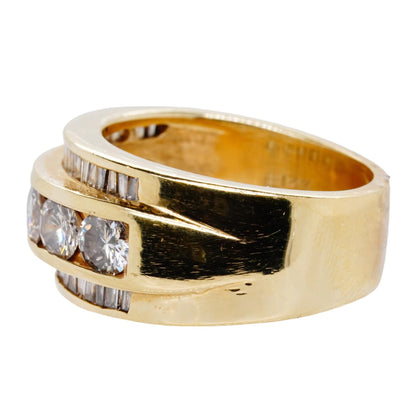 14K Gold Round And Baguette Three Row Diamond Wide Band