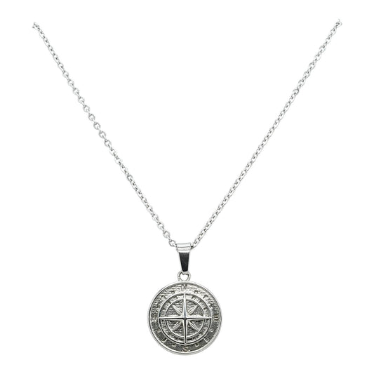 Stainless Steel And Rhodium Plated Compass Pendant Necklace