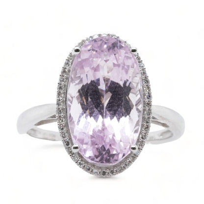 14K White Gold Oval Kunzite With Diamond Halo Ring