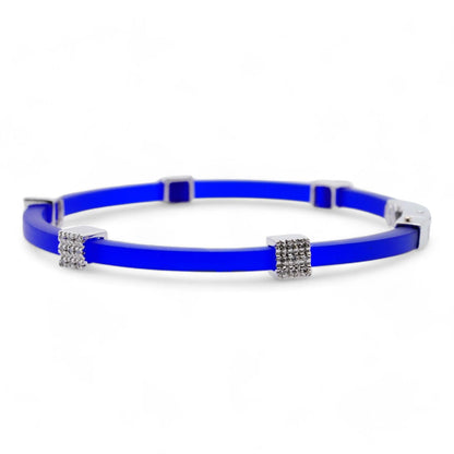 18K White Gold Blue Silicone With Pave Diamond Stations Bracelet