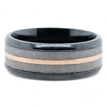 Zirconium Beveled Meteorite And 14K Rose Gold Inlay Beveled Band