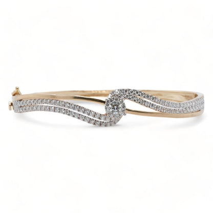 18K Gold Two Row Diamond Bypass Cluster Center Bangle Bracelet