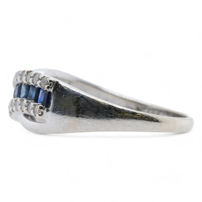 14K White Gold Criss Cross Blue Stone And Diamonds Band