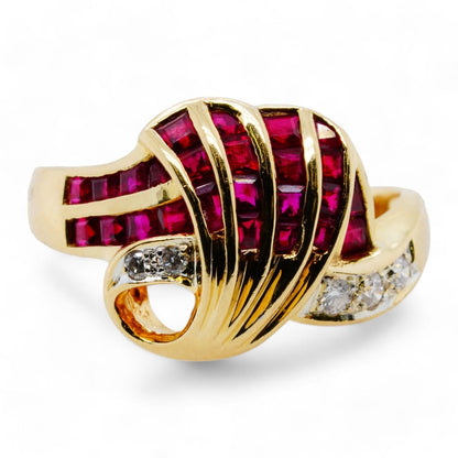 18K Gold Deco Style With French Cut Rubies And Round Diamonds Ring