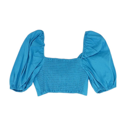 Blue Solid Cropped Knit Top