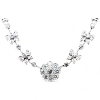 14K White Gold Antique Style Diamond Flower With Bow Accents Necklace