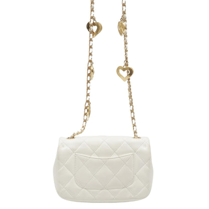 White Mini Flap Bag with Heart Charms in Leather