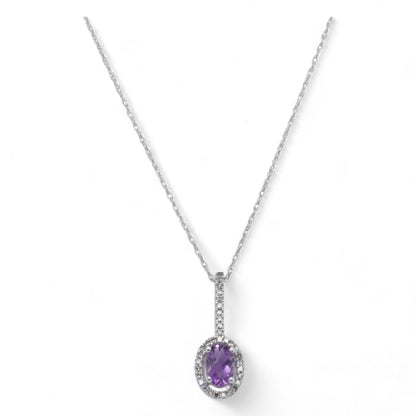 14K White Gold Oval Amethyst With Diamond Halo Pendant Necklace