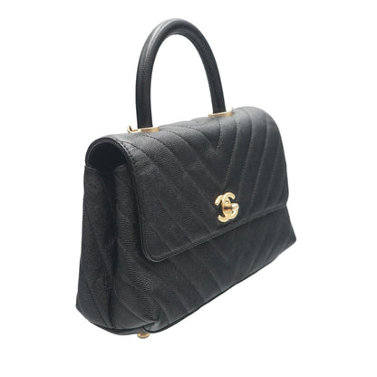 Black Chevron Quilted Coco Top Handle Bag in Caviar Leather