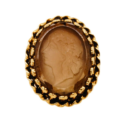 14K Gold Brown Stone Carved Cameo Cocktail Ring