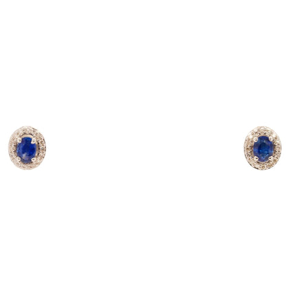 10K White Gold Oval Blue Sapphire With Diamond Halo Stud Earrings