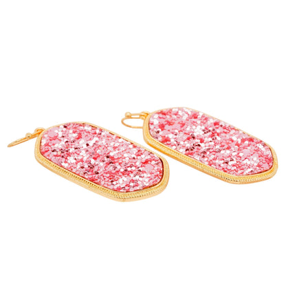 Gold Tone Frame Pink Drusy Drop Earrings