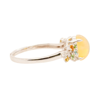 18K White Gold Oval Fire Opal With Precious Gemstones Accent l Ring