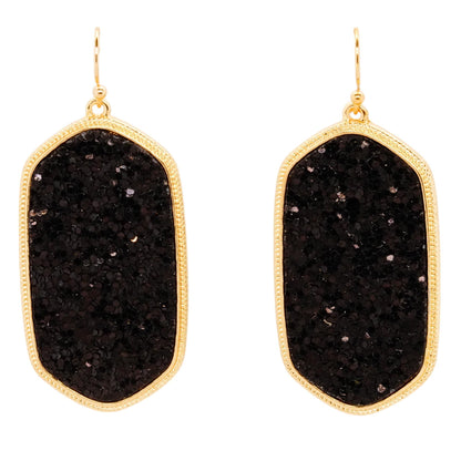 Gold Tone Frame Black Drusy Drop Earrings