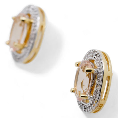 10K Gold Oval Morganite With Diamond Halo Stud Earrings