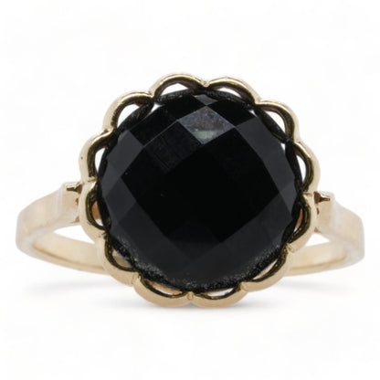 14K Gold Faceted Black Stone Ring