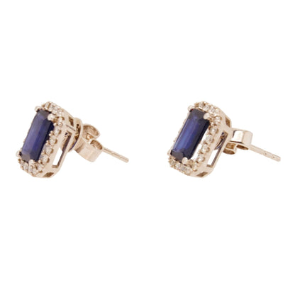 14K White Gold Emerald Shaped Blue Sapphire With Diamond Halo Stud Earrings