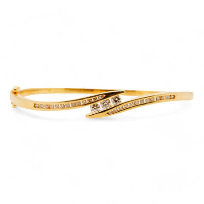 14K Gold Three Diamond Center With Accents Bypass Hinged Bangle Bracelet