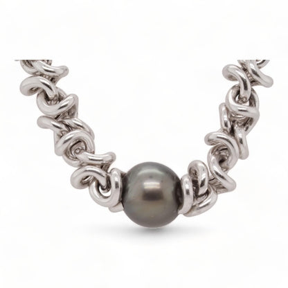 18K White Gold Fancy Link With Three Grey Pearl Stations Necklace