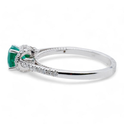 14K White Gold Round Emerald With Diamond Accents Cocktail Ring