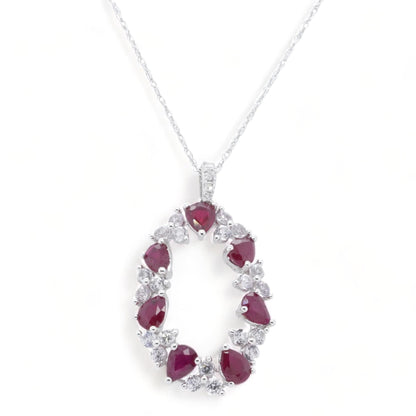 14K White Gold Ruby And White Sapphire Oval Pendant Necklace