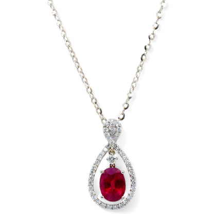 18K White Gold Oval Ruby With Diamond Halo Pendant Necklace