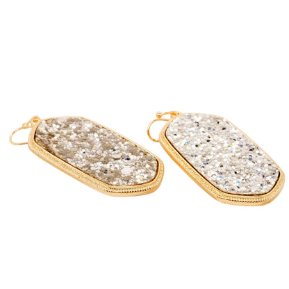 Gold Tone Frame Silver Drusy Drop Earrings