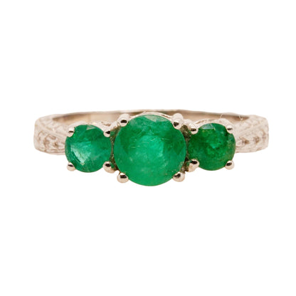 14K White Gold Three Stone Round Emerald Band